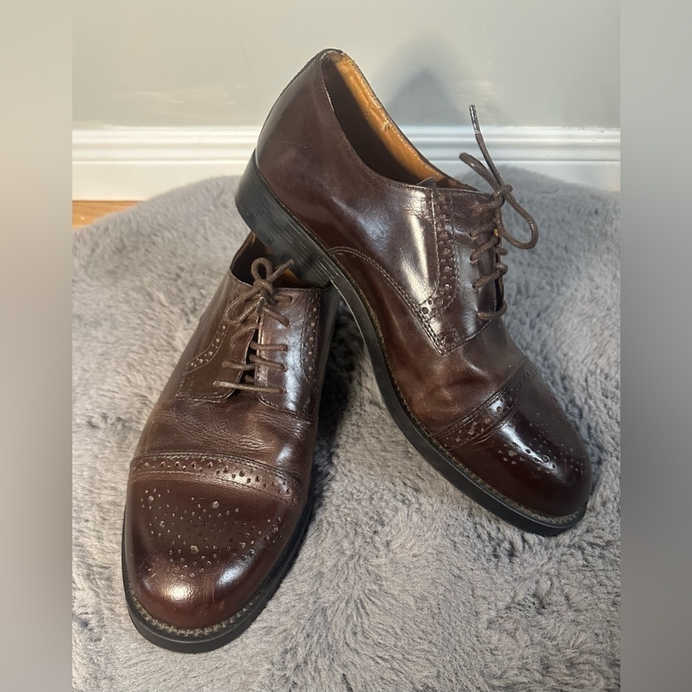 Bata - Men’s Brown Leather Lace Up Shoes with Capped Toes - Size 10.5